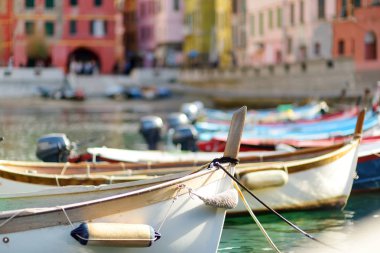 İtalyan Rivierası'nın engebeli kuzeybatı kıyısında yer alan Cinque Terre'nin beş asırlık köylerinden biri olan Vernazza'nın küçük marinasında renkli balıkçı tekneleri.