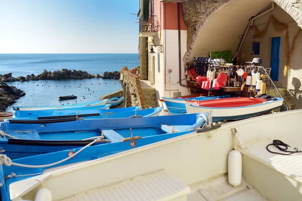 Bateaux colorés dans le petit port de plaisance de Riomaggiore, le plus grand des cinq villages centenaires de Cinque Terre, Riviera italienne, Ligurie, Italie . — Photo