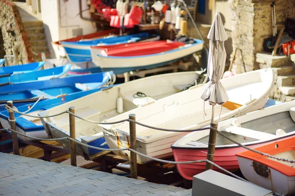 Bateaux colorés dans le petit port de plaisance de Riomaggiore, le plus grand des cinq villages centenaires de Cinque Terre, Riviera italienne, Ligurie, Italie . — Photo