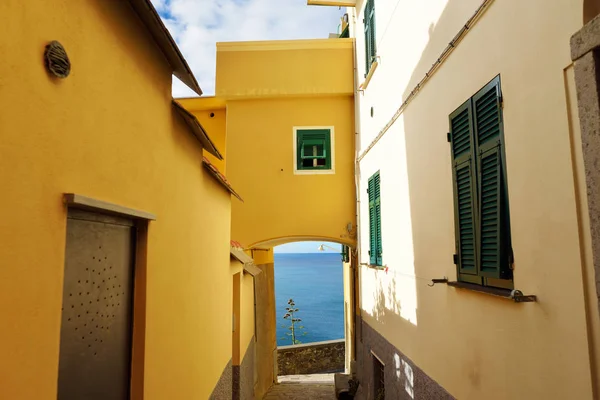Hermosa vista de la calle Corniglia, enclavada en medio de los pueblos de Cinque Terre, Riviera Italiana, Liguria, Italia . — Foto de Stock
