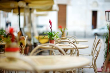 İtalya'nın Lucca şehrinde güzel bir şekilde dekore edilmiş küçük açık hava restoran masaları