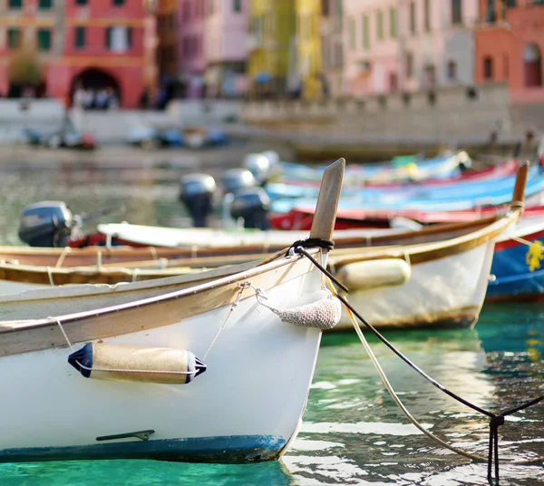 İtalyan Rivierası'nın engebeli kuzeybatı kıyısında yer alan Cinque Terre'nin beş asırlık köylerinden biri olan Vernazza'nın küçük marinasında renkli balıkçı tekneleri. — Stok fotoğraf