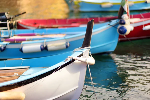 Des bateaux de pêche colorés dans le petit port de plaisance de Vernazza, l'un des cinq villages centenaires des Cinque Terre, situé sur la côte nord-ouest accidentée de la Riviera italienne . — Photo