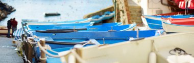 Riomaggiore küçük marina renkli tekneler, Cinque Terre, İtalyan Rivierası, Liguria, İtalya beş asırlık köylerin en büyüğü.
