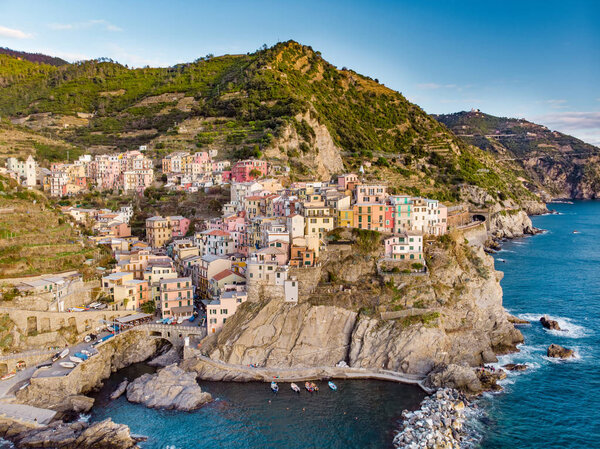 Aerial view of Manarola, the second-smallest of the famous Cinque Terre towns, one of the most charming and romantic of the Cinque Terre villages, Liguria, northern Italy.