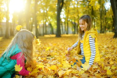 Güzel sonbahar gününde eğlenen iki sevimli genç kız kardeş. Sonbahar parkında oynayan mutlu çocuklar. Sarı sonbahar yaprakları toplayan çocuklar.
