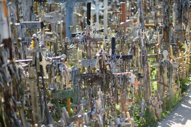 Çeşitli ahşap haçlar ve Haçlar Tepesi, Siauliai, Litvanya yakınlarındaki hac bir site haçlar.