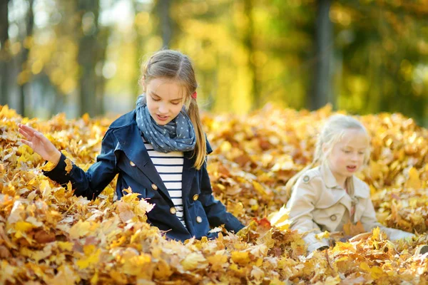 Güzel sonbahar gününde eğlenen iki sevimli genç kız kardeş. Sonbahar parkında oynayan mutlu çocuklar. Sarı sonbahar yaprakları toplayan çocuklar. — Stok fotoğraf