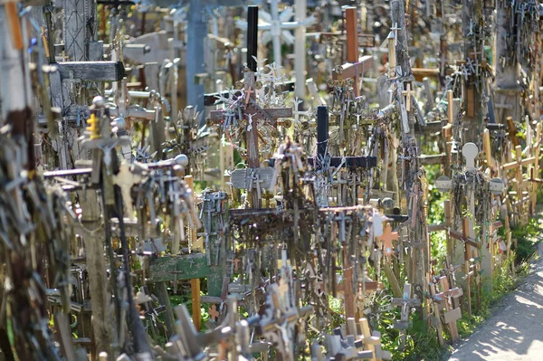Διάφοροι ξύλινους σταυρούς και σταυροί στο λόφο των σταυρών, ένα μέρος προσκυνήματος κοντά Siauliai, Λιθουανία. — Φωτογραφία Αρχείου