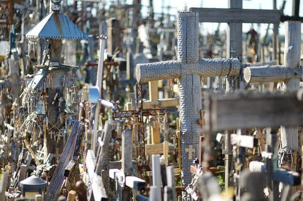 Various wooden crosses and crucifixes on the Hill of Crosses, a site of pilgrimage near Siauliai, Lithuania. — Stock Photo, Image