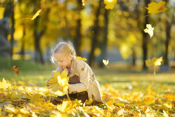 아름다운 가을 날에 재미를 사랑스러운 어린 소녀. 가을 공원에서 놀고있는 행복한 아이. 노란 가을 단풍을 모으는 아이. — 스톡 사진