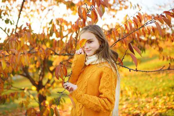 Menina adorável se divertindo no belo dia de outono. Criança feliz brincando no parque de outono. Criança recolhendo folhagem queda amarela . — Fotografia de Stock