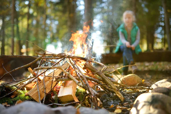 Menina adorável assar marshmallows na vara na fogueira. Criança a divertir-se no acampamento. Acampar com crianças na floresta de outono . — Fotografia de Stock