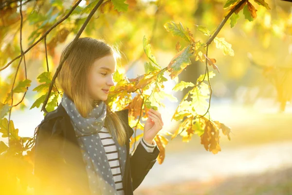 Adorable chica joven divirtiéndose en hermoso día de otoño. Feliz niño jugando en el parque de otoño. Niño recogiendo follaje de otoño amarillo . — Foto de Stock