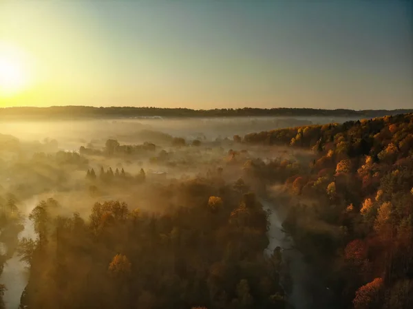 Beautiful foggy forest scene in autumn with orange and yellow foliage. Aerial early morning view of trees and river. — Stock Photo, Image