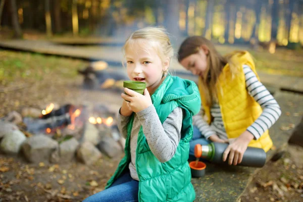 Linda chica joven bebiendo té y tostando malvaviscos en palo en la hoguera. Un niño divirtiéndose en el campamento. Camping con niños en bosque otoñal . — Foto de Stock