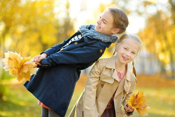 Dwie śliczne młode siostry bawią się na pięknym jesiennym dniu. Szczęśliwe dzieci bawią się w jesiennym parku. Dzieci zbierające żółte jesienne liście. — Zdjęcie stockowe