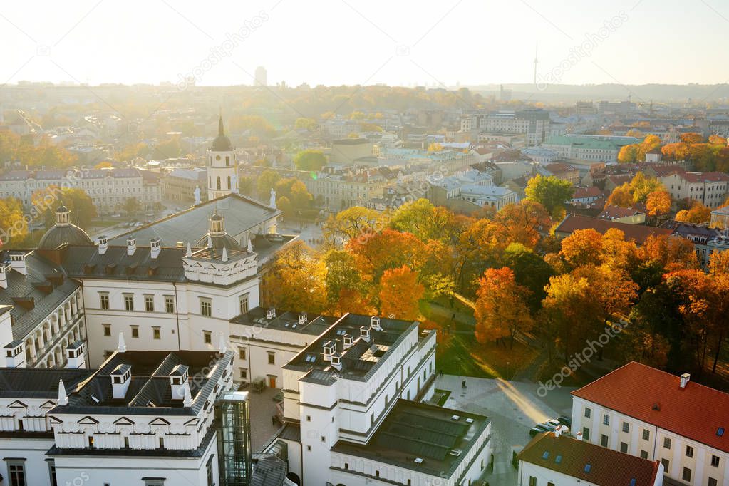 Beautiful autumn panorama of Vilnius old town taken from the Gediminas hill. Nice sunny October day in Lithuania.