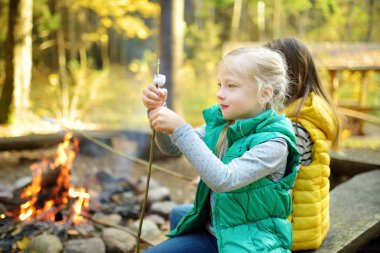 Sevimli genç kız kardeşler şenlik ateşinde marshmallow kavuruyorlar. Kamp ateşinde eğlenen çocuklar. Sonbahar ormanında çocuklarla kamp.