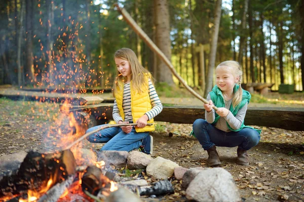 Bonitas hermanas jóvenes asando perritos calientes en palos en la hoguera. Niños divirtiéndose en la fogata. Camping con niños en bosque otoñal . — Foto de Stock