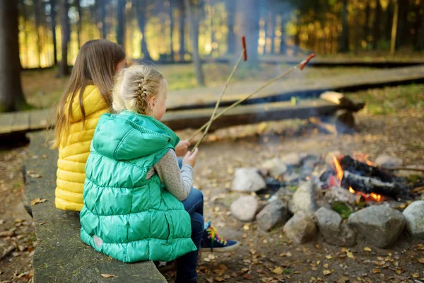 Aranyos fiatal nővérek pörkölés hotdogs a botok mágtüzet. Gyerekek szórakozik a tábortűz. Camping gyerekekkel őszi erdő. — Stock Fotó