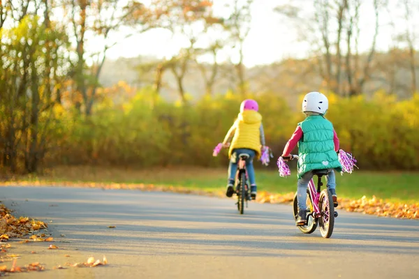 Cute little sisters riding bikes in a city park on sunny autumn day. Active family leisure with kids. — Stock Photo, Image