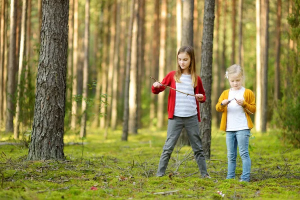아름다운 여름날 숲 하이킹을 하는 동안 재미를 하는 두 명의 귀여운 젊은 자매. 자연을 탐험하는 아이들. 아이들과 함께하는 활동적인 가족 레저. — 스톡 사진