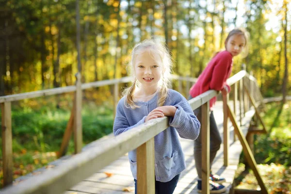 Två söta unga systrar som har roligt under skogs vandringen på vacker sommardag. Barn som utforskar naturen. Aktiv familjesemester med barn. — Stockfoto