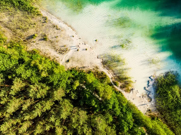 Vista aérea de arriba hacia abajo de las hermosas aguas verdes del lago Gela. Vista panorámica de aves del lago esmeralda rodeado de bosques de pinos . — Foto de Stock