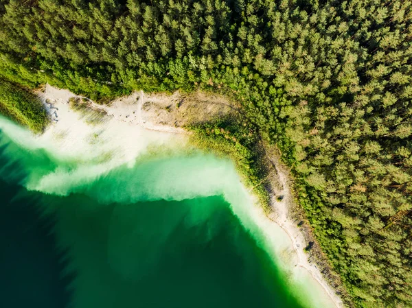 Vista aerea dall'alto verso il basso delle bellissime acque verdi del lago Gela. Vista panoramica sul lago di smeraldo circondato da pinete . — Foto Stock