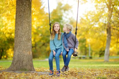 Sevimli genç kız güneşli sonbahar parkta bir salıncak ta eğleniyor. Bir şehirde aile hafta sonu.