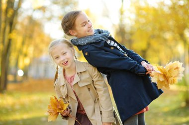 Güzel sonbahar gününde eğlenen iki sevimli genç kız kardeş. Sonbahar parkında oynayan mutlu çocuklar. Sarı sonbahar yaprakları toplayan çocuklar.