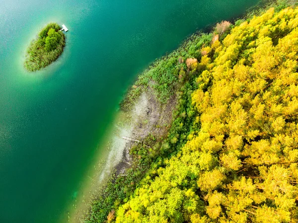 Vista aerea dall'alto verso il basso di una piccola isola. Vista a volo d'uccello delle bellissime acque verdi del lago Gela circondato da pinete . — Foto Stock