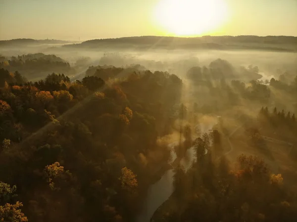 Beautiful foggy forest scene in autumn with orange and yellow foliage. Aerial early morning view of trees and river. — Stock Photo, Image