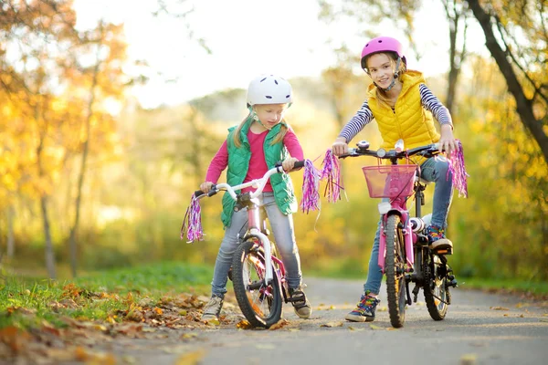 晴れた秋の日に都市公園で自転車に乗ってかわいい妹たち。子供とのアクティブな家族のレジャー. — ストック写真