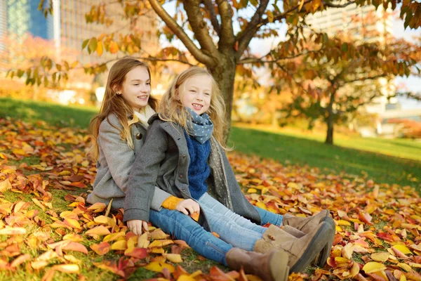 Two cute young sisters having fun on beautiful autumn day. Happy children playing in autumn park. Kids gathering yellow fall foliage. — Stock Photo, Image