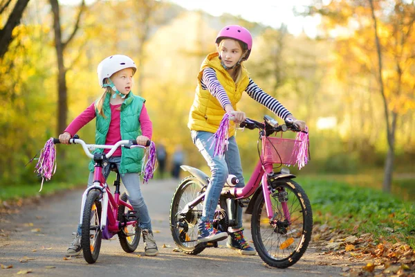 Carino sorelline in sella alle biciclette in un parco cittadino nella soleggiata giornata autunnale. Tempo libero famiglia attiva con i bambini . — Foto Stock