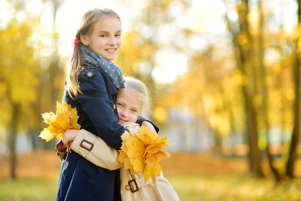 Güzel sonbahar gününde eğlenen iki sevimli genç kız kardeş. Sonbahar parkında oynayan mutlu çocuklar. Sarı sonbahar yaprakları toplayan çocuklar.