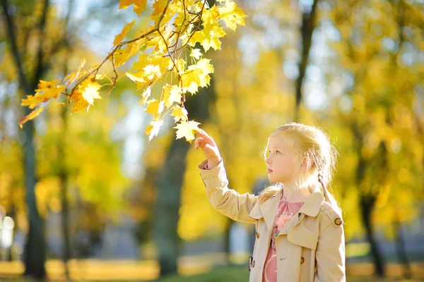 Αξιολάτρευτο νεαρό κορίτσι που διασκεδάζει την όμορφη φθινοπωρινή μέρα. Ευτυχισμένο παιδί που παίζει στο φθινοπωρινό πάρκο. Παιδί μαζεύοντας κίτρινη φθινοπωρινή φυλλάδα. — Φωτογραφία Αρχείου