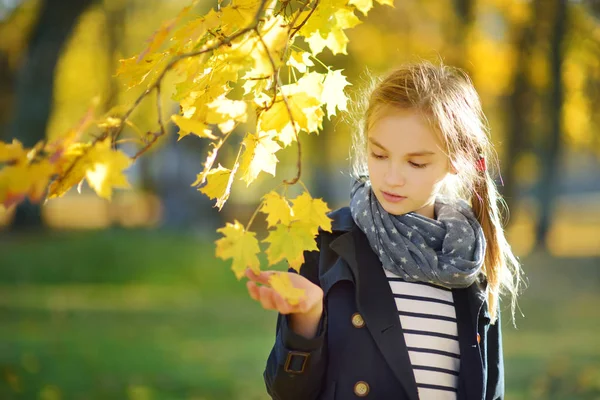 아름다운 가을 날에 재미를 사랑스러운 어린 소녀. 가을 공원에서 놀고있는 행복한 아이. 노란 가을 단풍을 모으는 아이. — 스톡 사진