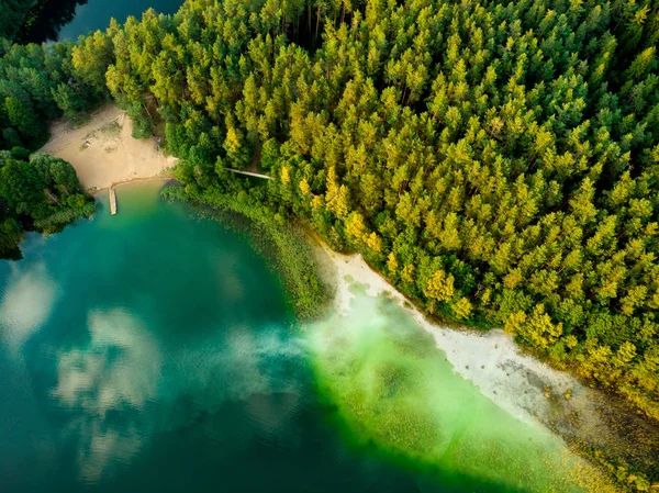 Aerial top down view of beautiful green waters of lake Gela. Birds eye view of scenic emerald lake surrounded by pine forests. — Stock Photo, Image