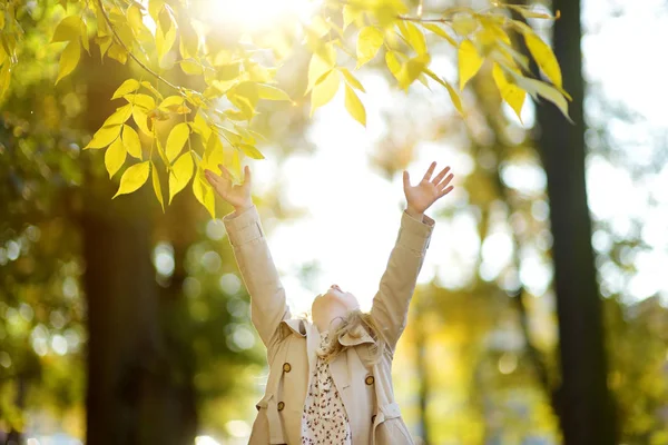 Schattig jong meisje plezier op mooie herfst dag. Gelukkig kind spelen in herfst Park. Kid verzamelen gele val loof. — Stockfoto