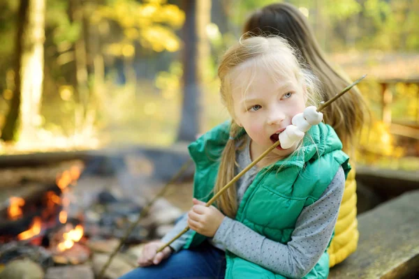 Cute young sisters roasting marshmallows on stick at bonfire. Children having fun at camp fire. Camping with children in fall forest.