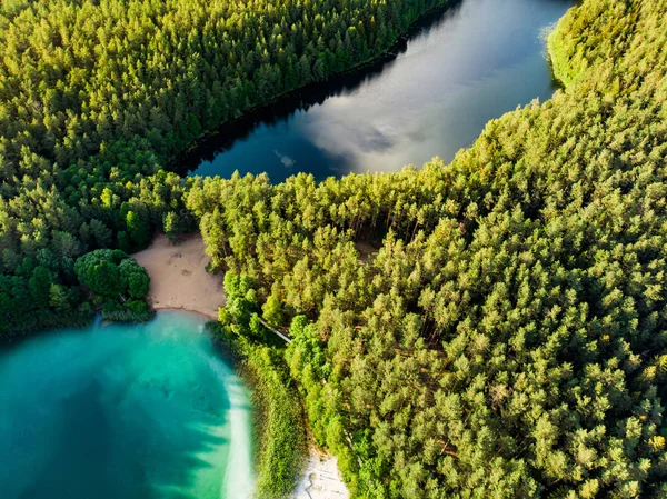 Vista aérea de belas águas verdes do lago Gela. Vista panorâmica do lago esmeralda cênica rodeado por florestas de pinheiros . — Fotografia de Stock