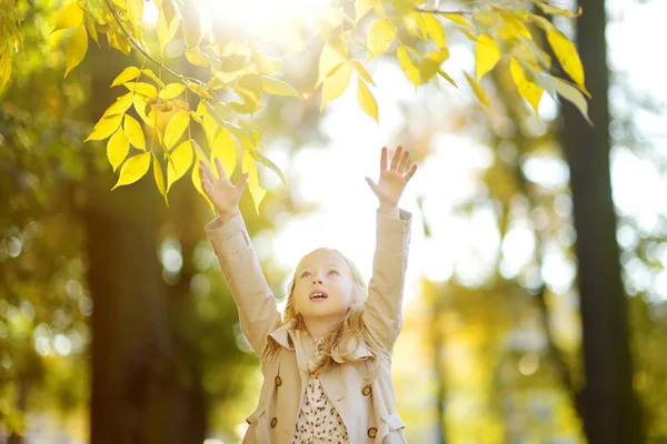 Schattig jong meisje plezier op mooie herfst dag. Gelukkig kind spelen in herfst Park. Kid verzamelen gele val loof. — Stockfoto