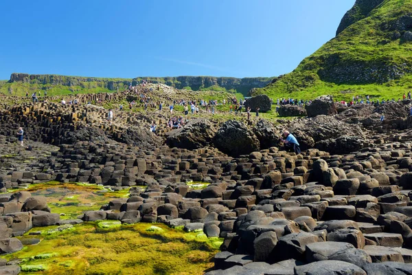 County Antrim, Nordirland - 28. Mai 2018: Touristen erkunden den Giganten Causeway, ein Gebiet aus sechseckigen Basaltsteinen, das durch einen uralten Vulkanausbruch entstanden ist. — Stockfoto