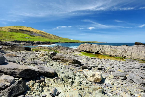 Grov och stenig strand längs berömda ring of Kerry Route. Iveragh Peninsula, County Kerry, Irland. — Stockfoto