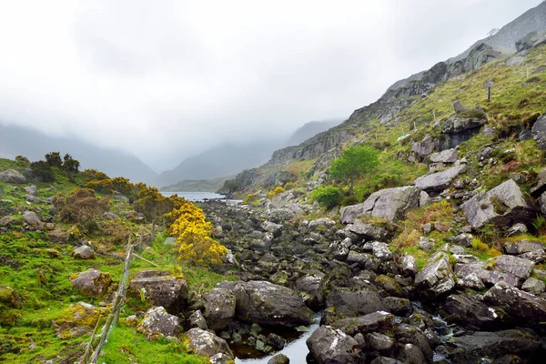 The River Loe and narrow mountain pass road wind through the valley of the Gap of Dunloe, nestled in the Macgillycuddy's Reeks mountains, County Kerry, Ireland — Stock Photo, Image