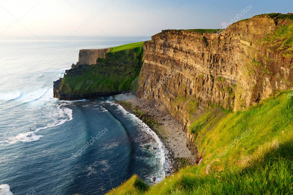 World famous Cliffs of Moher, one of the most popular tourist destinations in Ireland. Widely known tourist attraction on Wild Atlantic Way in County Clare.