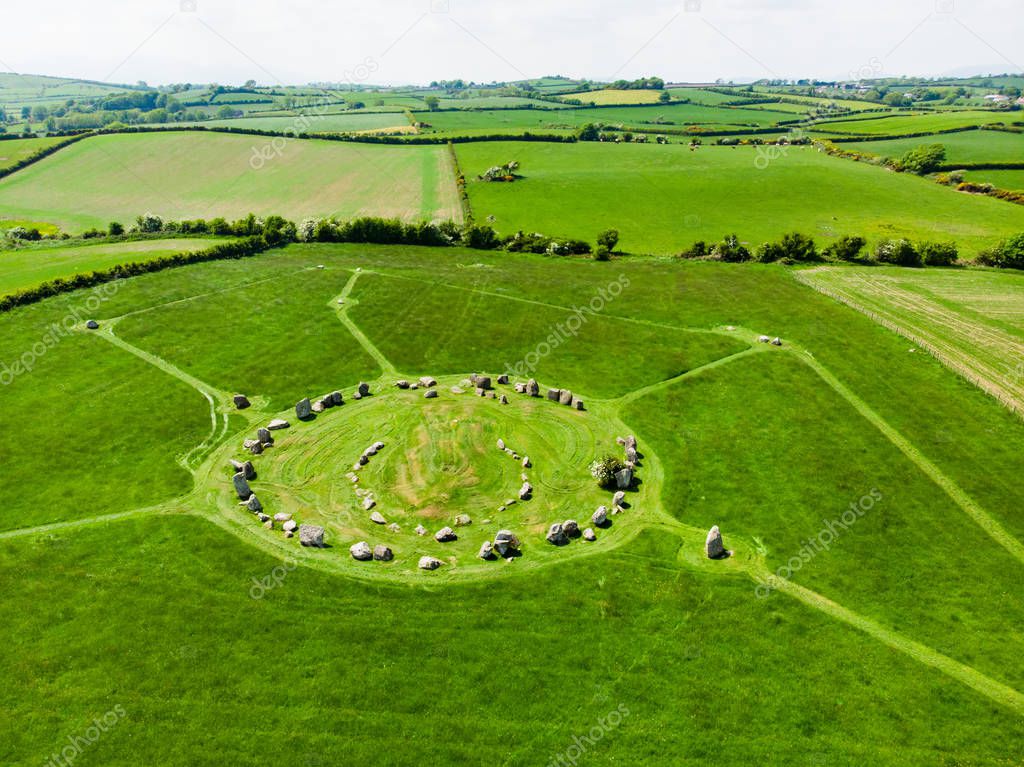 Ballynoe stone circle, a prehistoric Bronze Age burial mound surrounded by a circular structure of standing stones, County Down, Nothern Ireland